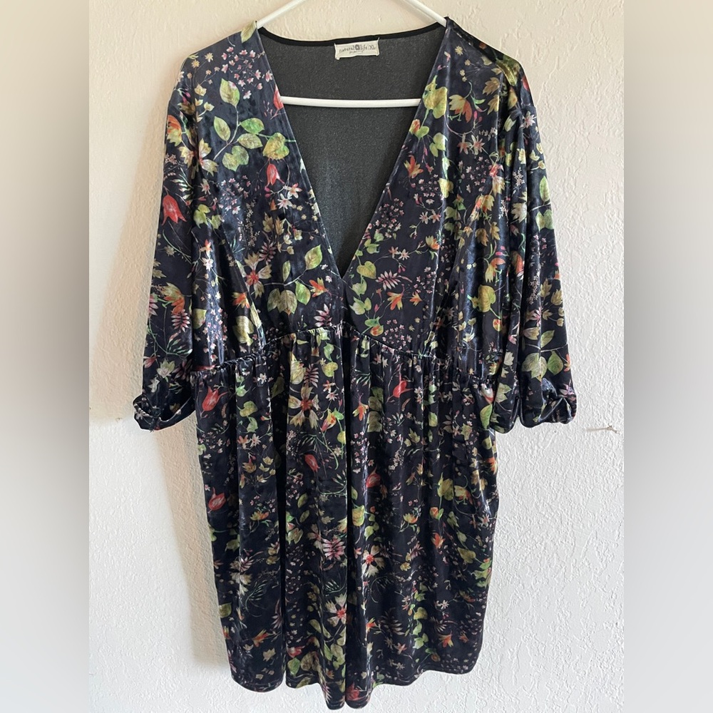 Natural Life Stella V Neck Mini Dress Black Floral Velvet XL